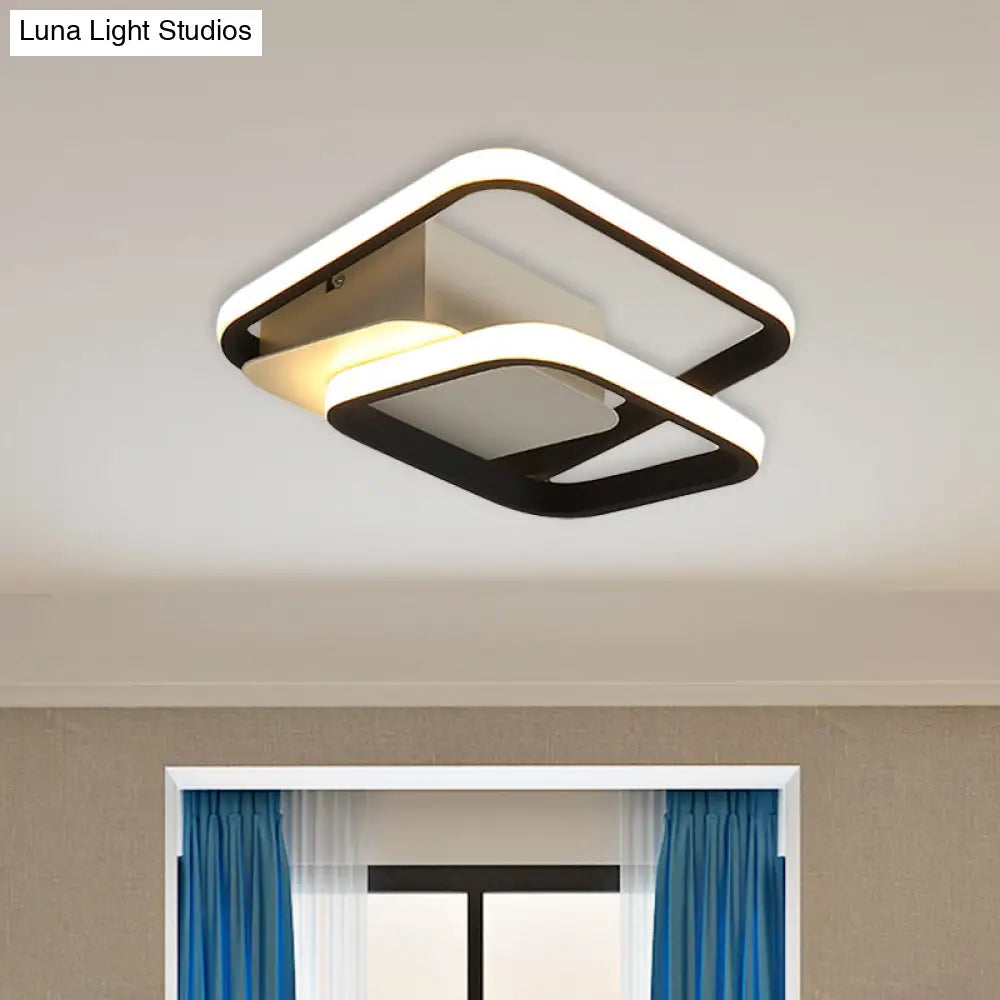 2-Square Frame Led Flushmount Ceiling Light In Modern Black And White/Warm For Hallways / Warm