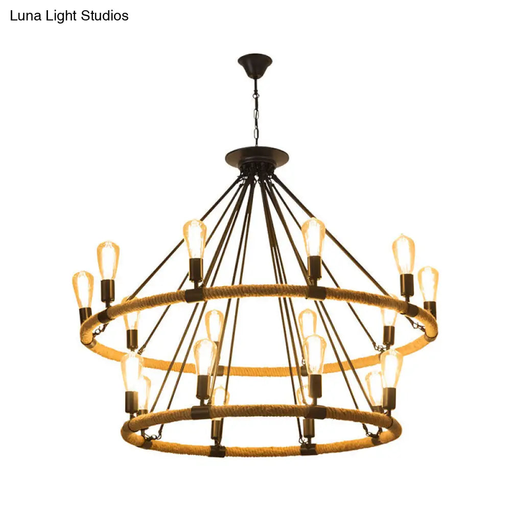 Industrial 2-Tier Beige Chandelier Pendant Lamp With 18 Ring Rope Lights For Restaurants