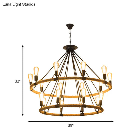 2-Tier Industrial Chandelier With 18 Hanging Lights Beige Rope Pendant Lamp For Restaurants