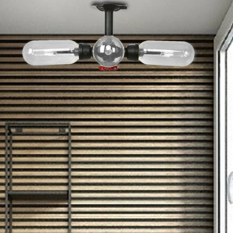 Vintage Style Matte Black Semi Flush Light With Clear Glass - Pipe Designed 3/4 Capsule Fixture / C