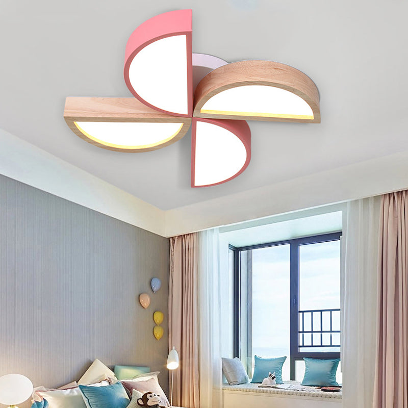 Cartoon-Inspired 4-Head Toy Windmill Led Flush Ceiling Light For Nursing Room Wooden And Metal Lamp