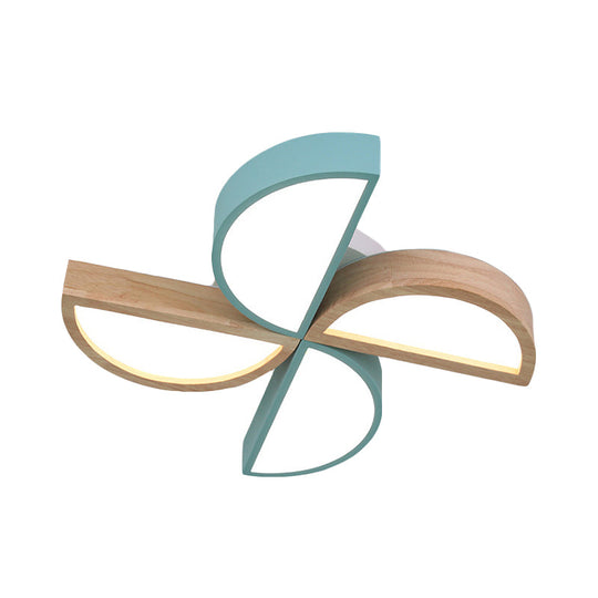 Cartoon-Inspired 4-Head Toy Windmill Led Flush Ceiling Light For Nursing Room Wooden And Metal Lamp