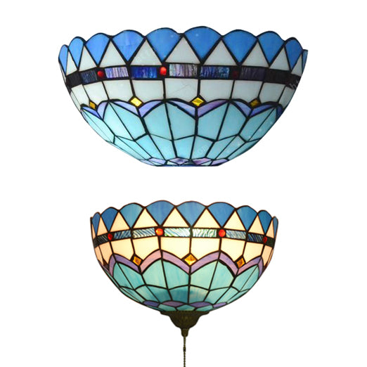 Blue Baroque Bowl Wall Mount Light: Stained Glass Sconce With/Without Pull Chain