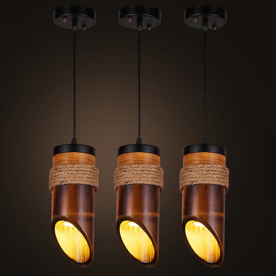 Bamboo Beveled Tube Hanging Light Fixture For Dining Room With Rope Suspension In Brown