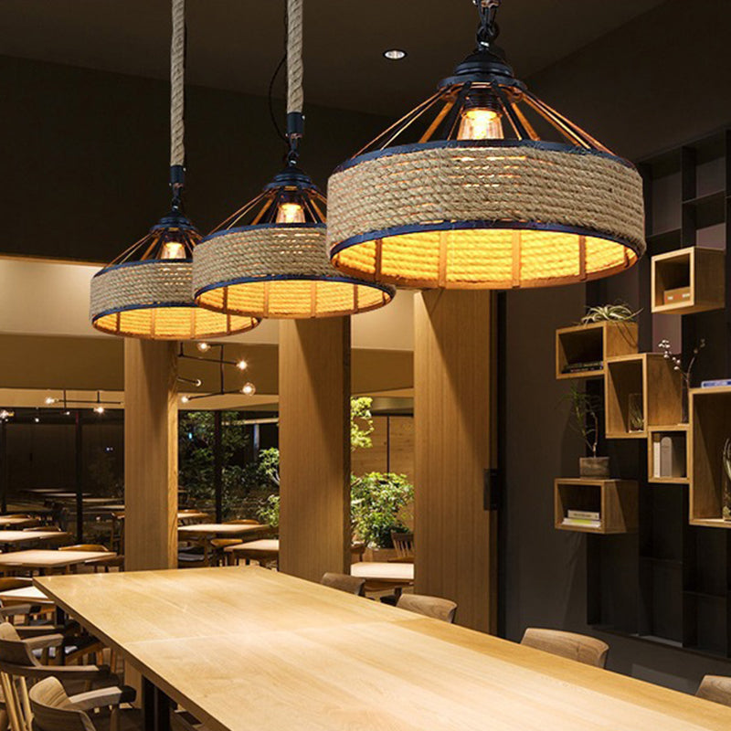 Farmhouse Metal Drop Lamp With Rope Barn Shade In Black - Perfect For Dining Room Suspension