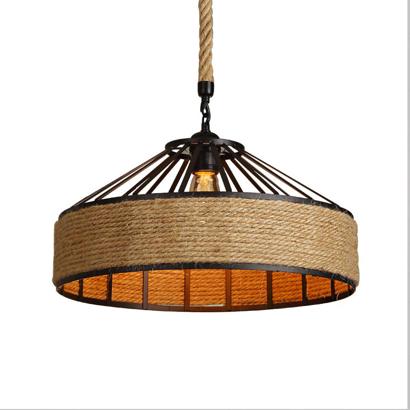 Farmhouse Metal Drop Lamp With Rope Barn Shade In Black - Perfect For Dining Room Suspension