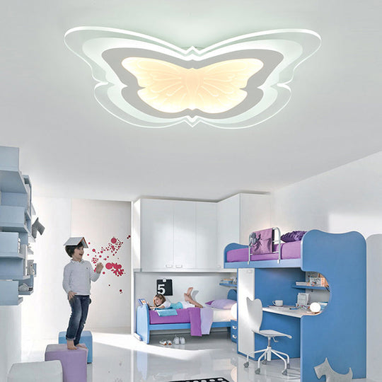 Butterfly Led Ceiling Light For Kindergarten Hallway - White Insect-Themed Acrylic Flush Mount /