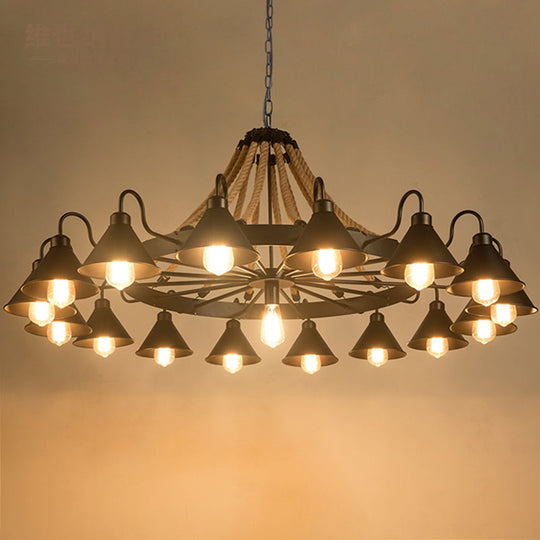 Industrial Metal Black Chandelier With Cone & Rope Design And Wagon Wheel Suspension