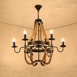 Wagon Wheel Metal Chandelier Pendant Light Kit In Black For Dining Room With Jute Rope Accents / F