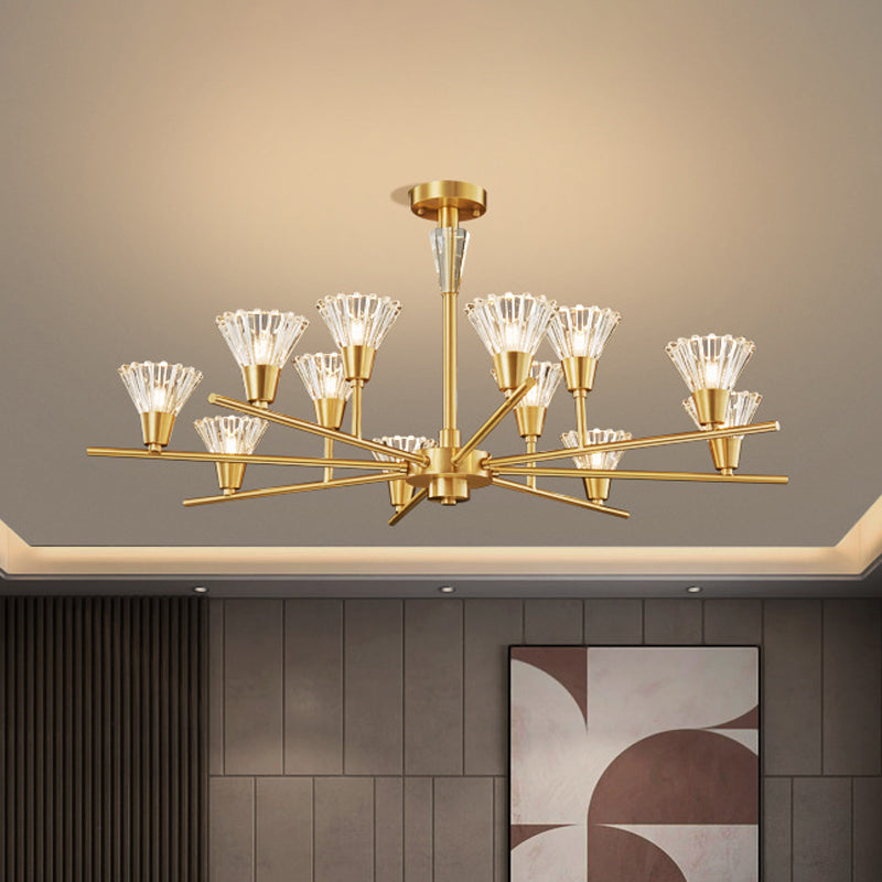 Modern Clear Glass Pendant Chandelier With Brass Flower-Like Design - 6/8/12 Heads For Living Room