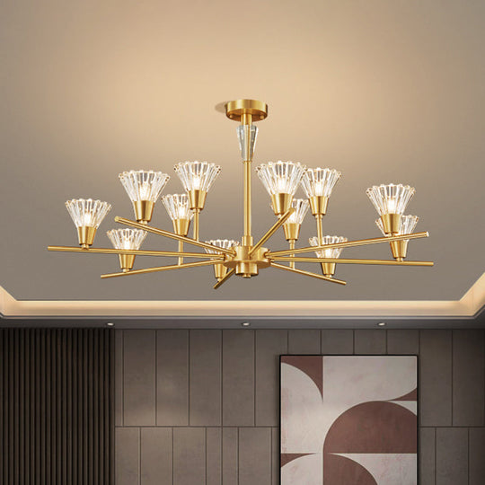 Modern Clear Glass Pendant Chandelier With Brass Flower-Like Design - 6/8/12 Heads For Living Room