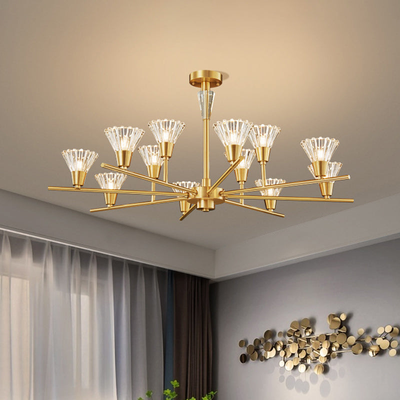 Modern Clear Glass Pendant Chandelier With Brass Flower-Like Design - 6/8/12 Heads For Living Room