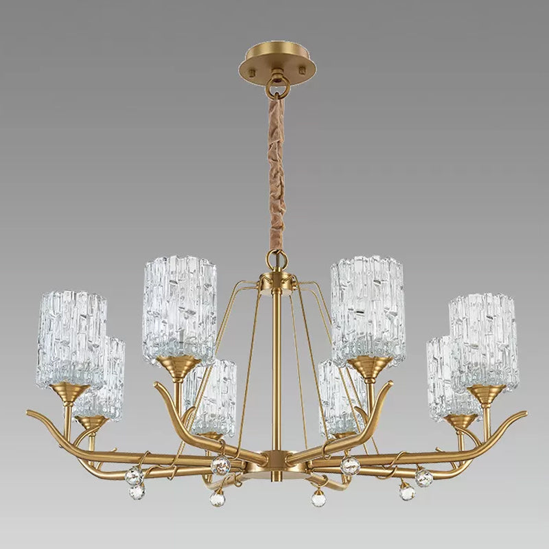 Hand-Blown Textured Glass Chandelier - 3/6/8-Light Postmodern Brass Cylinder Dining Room Ceiling