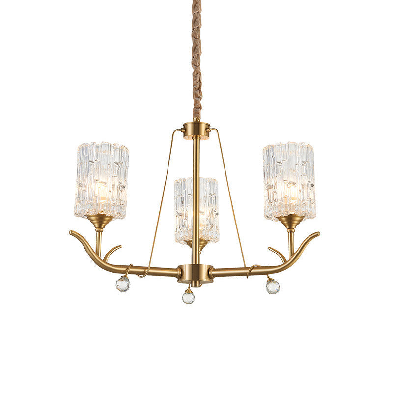 Hand-Blown Textured Glass Chandelier - 3/6/8-Light Postmodern Brass Cylinder Dining Room Ceiling