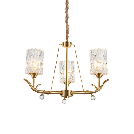 Textured Glass Chandelier - Postmodern Brass Cylinder Ceiling Light With 3/6/8 Lights Perfect For