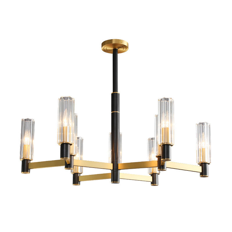 Postmodern Yellow-Black Chandelier Light With Prismatic Glass Tubular Design - 6/8/9 Bulbs Hanging