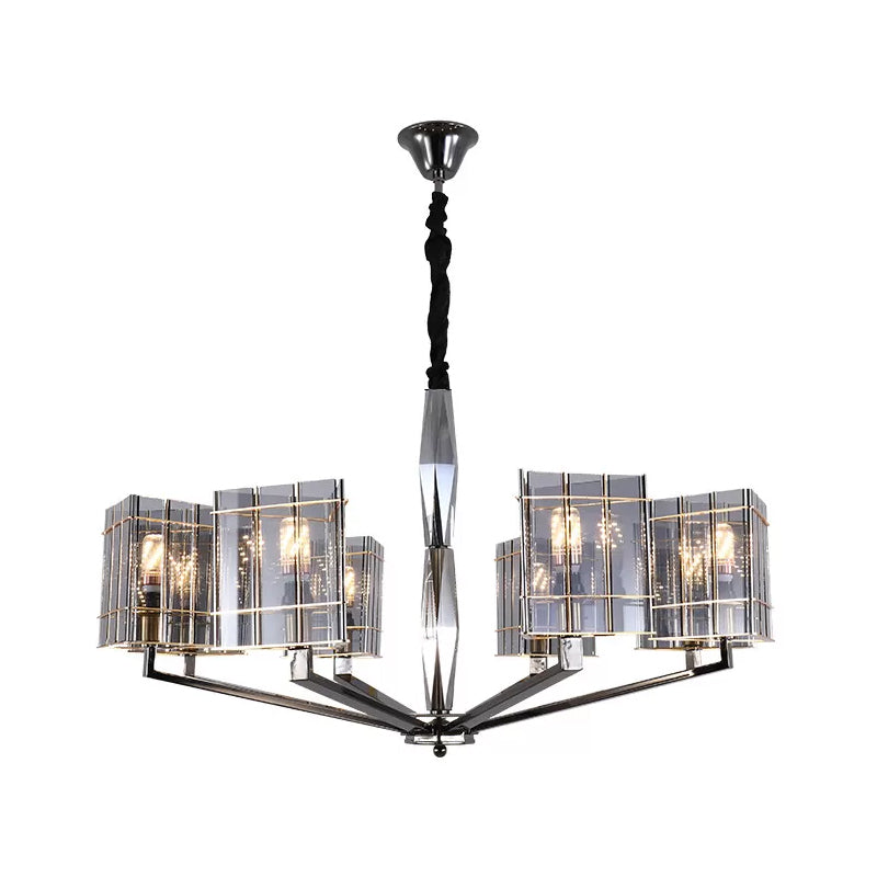 Postmodern Smoke Grey Glass Silver Chandelier - Elegant Hanging Light Fixture With Triangle Prism