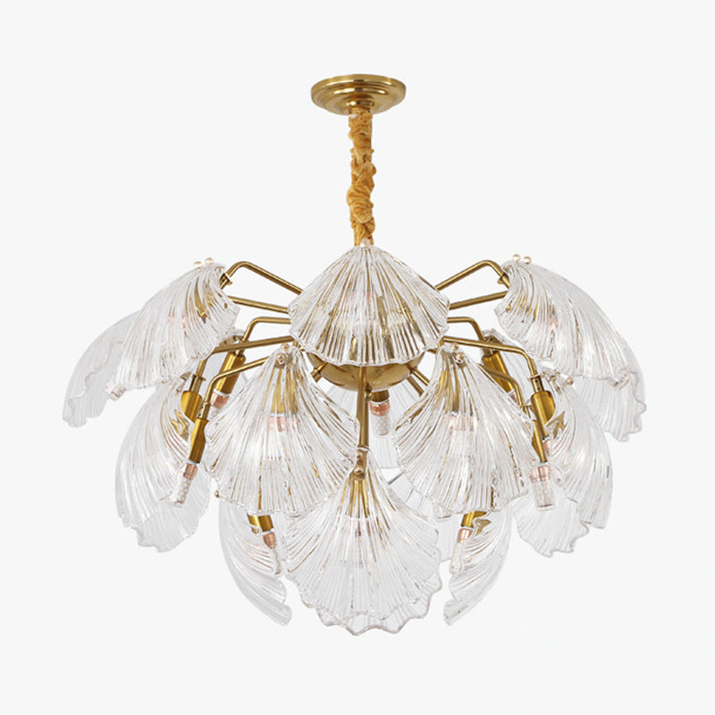 Nautical Gold Glass Pendant Chandelier - 15/20 Bulbs Layered Scallop Hanging Light