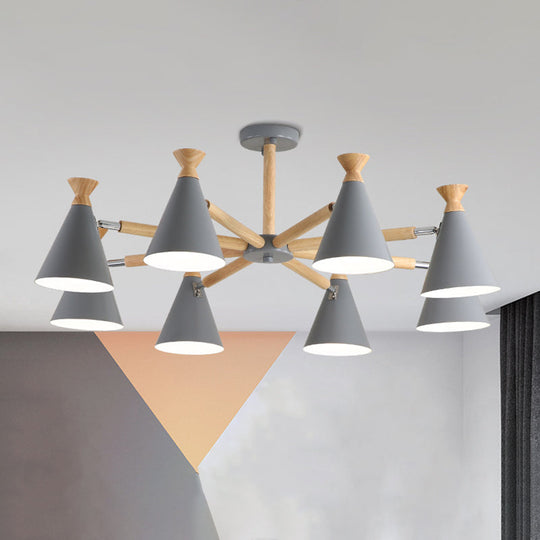 Modern Metal Cone Chandelier With 8 Bulbs - Stylish Pendant Light Fixture For Living Room Wood Cork