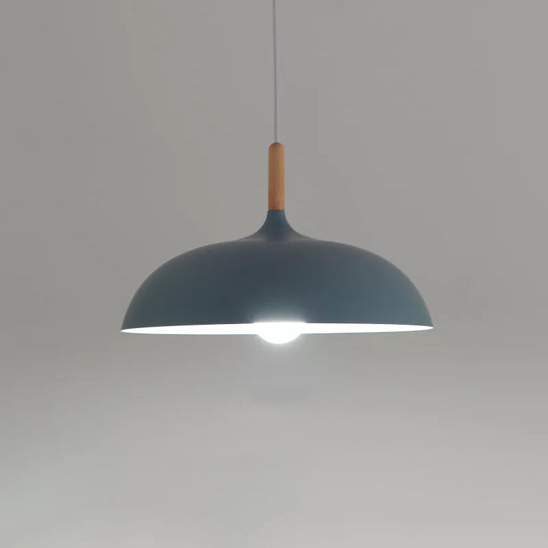 Modern Metal Macaron Dome Hanging Lamp - Dining Room Pendant Light With Wood Accent