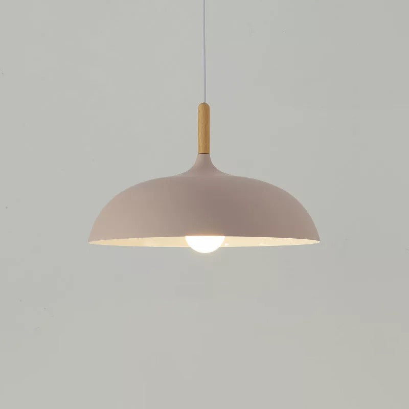 Metal Macaron Dome Hanging Lamp With Wood Top - 1 Light Pendant Lighting Fixture For Dining Room