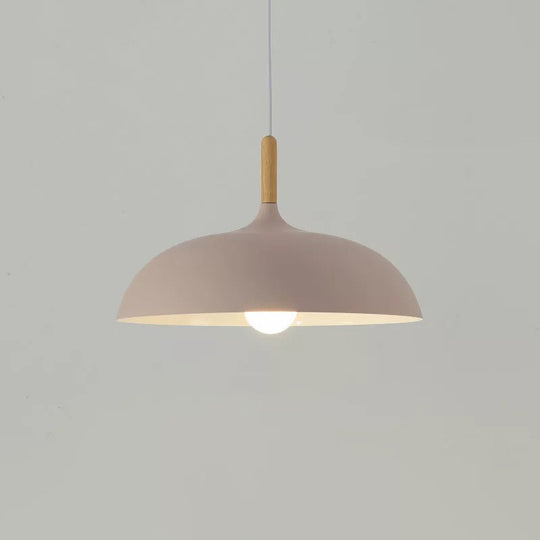 Metal Macaron Dome Hanging Lamp With Wood Top - 1 Light Pendant Lighting Fixture For Dining Room