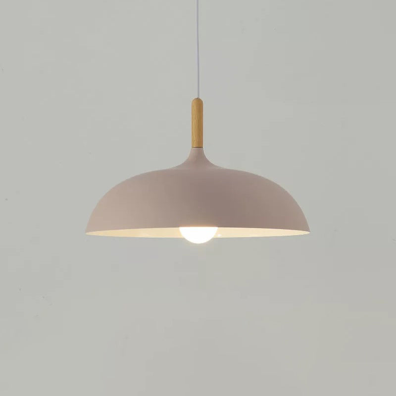 Metal Macaron Dome Hanging Lamp With Wood Top - 1 Light Pendant Lighting Fixture For Dining Room