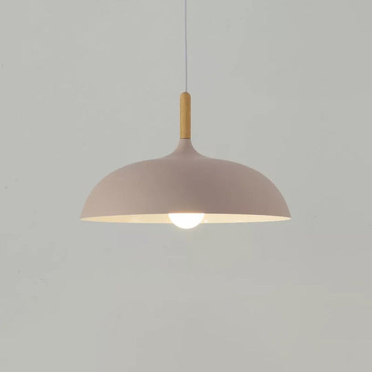 Metal Macaron Dome Hanging Lamp With Wood Top - 1 Light Pendant Lighting Fixture For Dining Room