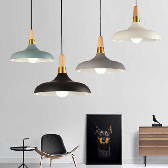 Modern Metal Barn Pendant Light With Wood Grip - 1-Light Ceiling Lamp