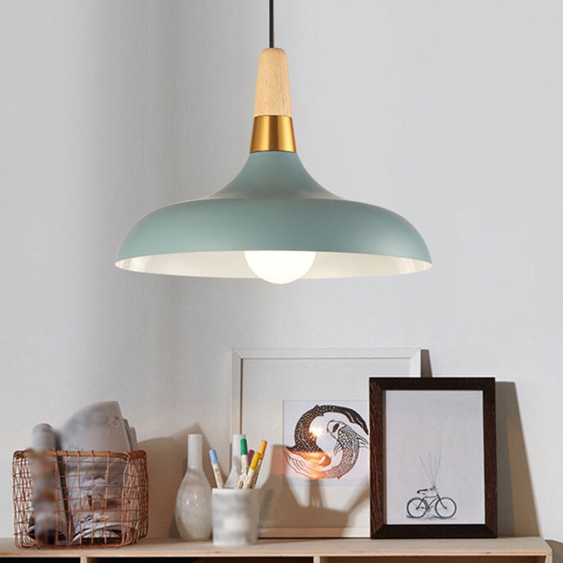 Modern Metal Barn Pendant Light With Wood Grip - 1-Light Ceiling Lamp Blue