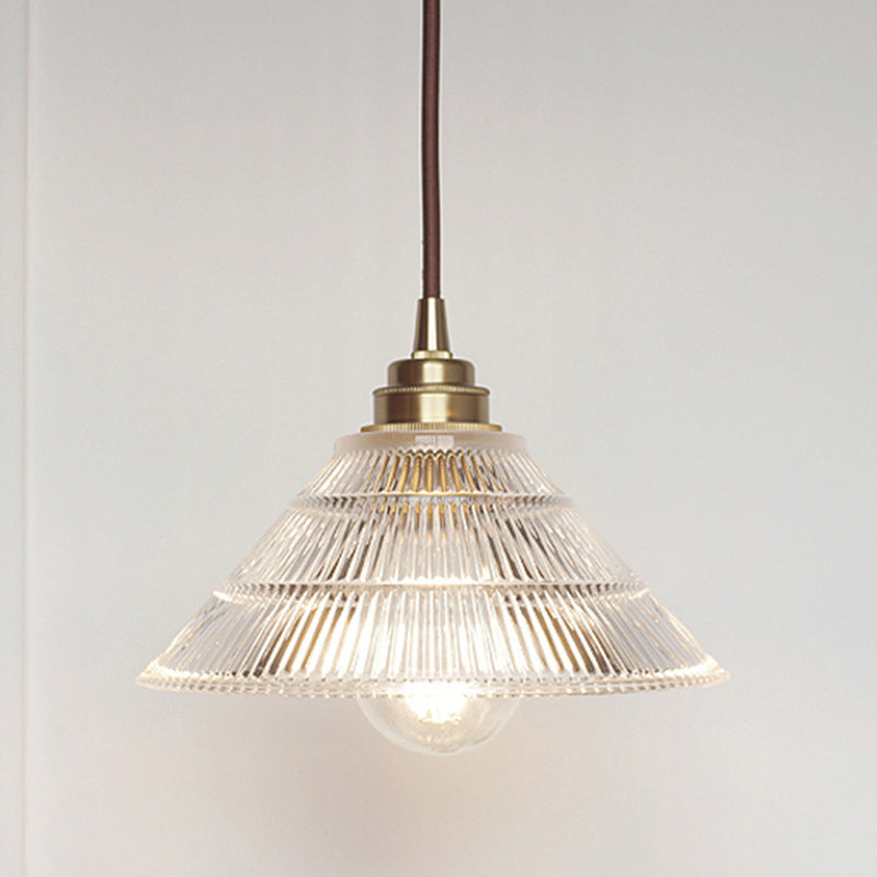Industrial Brass Cone Pendant Ceiling Light With Clear Ribbed Glass Drop For Dining Room