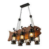 Coastal Clear Glass Chandelier Pendant Light With Wood Fish - Black Kerosene 6 Head Restaurant