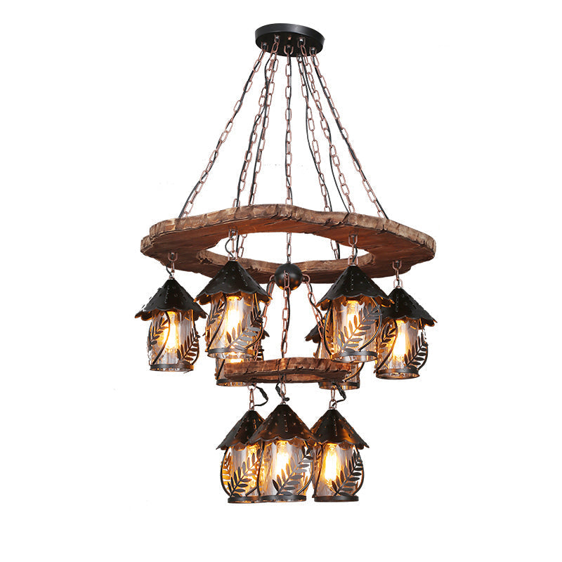 Leaf Pattern Wood Lantern Chandelier - Stylish Metallic Lighting For Restaurants / F