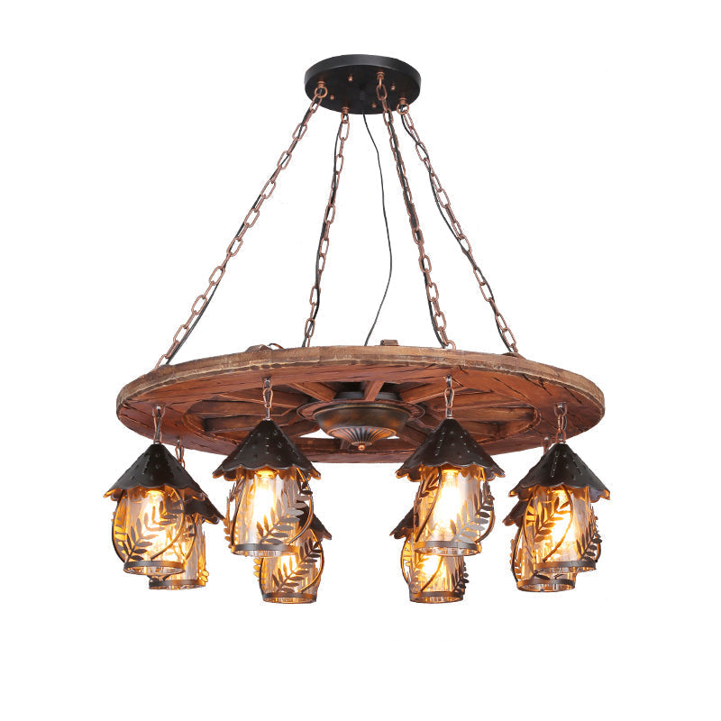 Leaf Pattern Wood Lantern Chandelier - Stylish Metallic Lighting For Restaurants / G