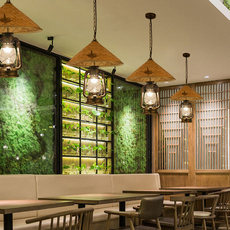 Coastal Lantern Pendant Lamp With Clear Glass Shade And Bamboo Top - 1 Bulb Hanging Light Fixture