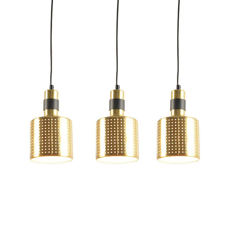 Simplicity Punched Metal 3-Light Dining Room Hanging Lamp In Brass - Bottle Multi Pendant Kit