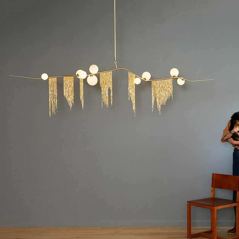 Modern Opal Glass Ball Chandelier Light Kit - 9-Light Drop Pendant In Gold With Tassel Fringe