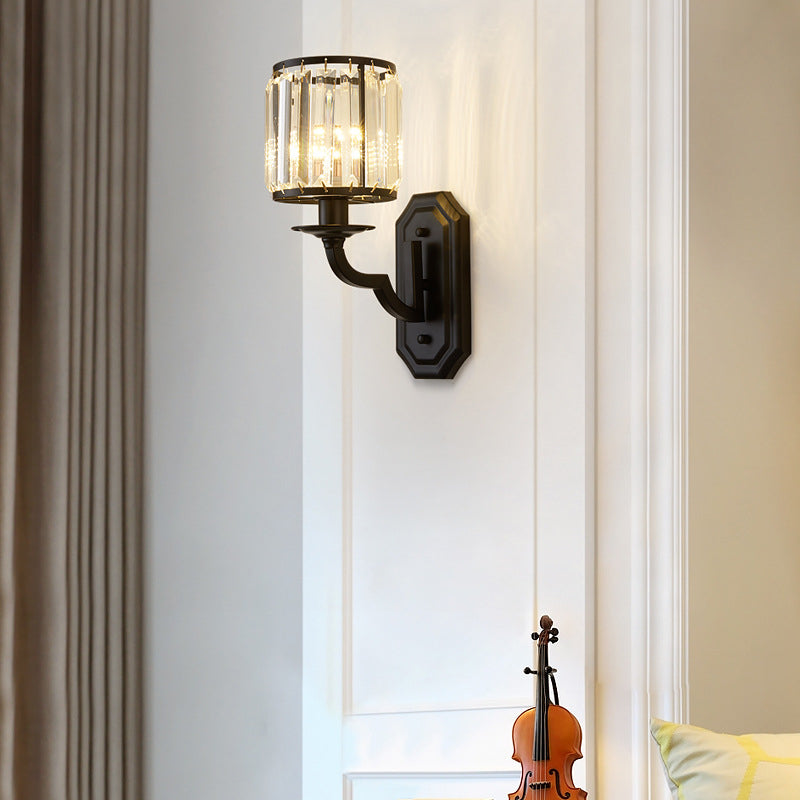 Rustic Black Wall Sconce With Faceted Crystal Drum Shade