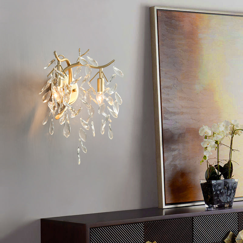 Clear Crystal Wall Mount Lamp With Brass Country Style - 2 Heads Bedside Lighting Fixture