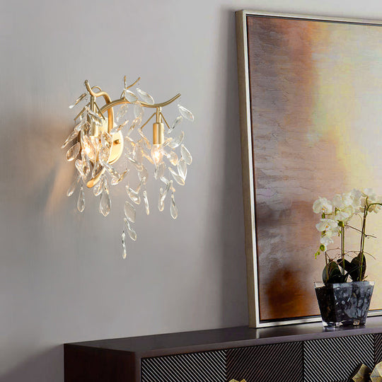 Clear Crystal Wall Mount Lamp With Brass Country Style - 2 Heads Bedside Lighting Fixture