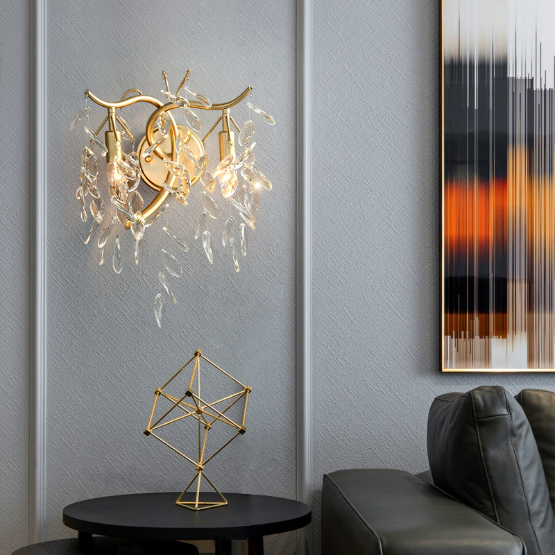 Clear Crystal Wall Mount Lamp With Brass Country Style - 2 Heads Bedside Lighting Fixture