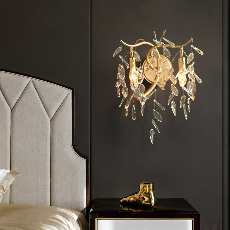 Clear Crystal Wall Mount Lamp With Brass Country Style - 2 Heads Bedside Lighting Fixture
