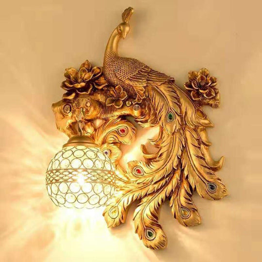 Rustic Peacock Wall Sconce Light With Crystal Globe Shade For Bedroom Gold / Right