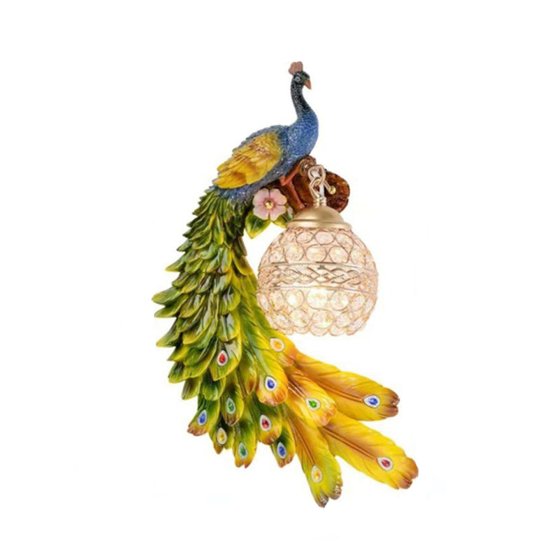 Peacock Resin Wall Sconce With Crystal Embedded Globe Shade