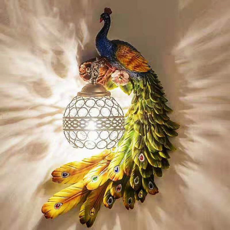 Peacock Resin Wall Sconce With Crystal Embedded Globe Shade Green / Right