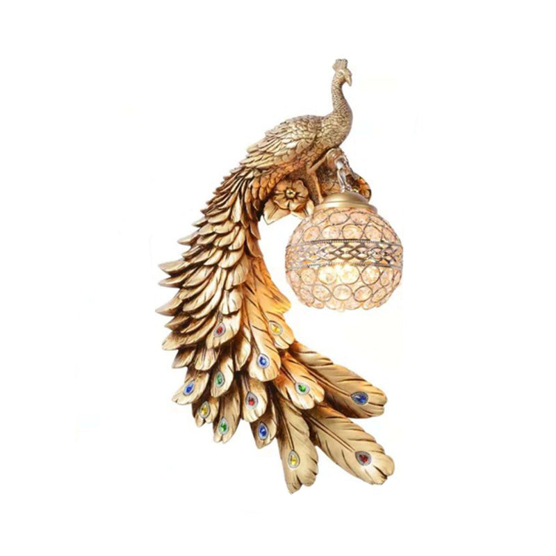 Peacock Resin Wall Sconce With Crystal Embedded Globe Shade