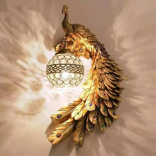Peacock Resin Wall Sconce With Crystal Embedded Globe Shade Gold / Right