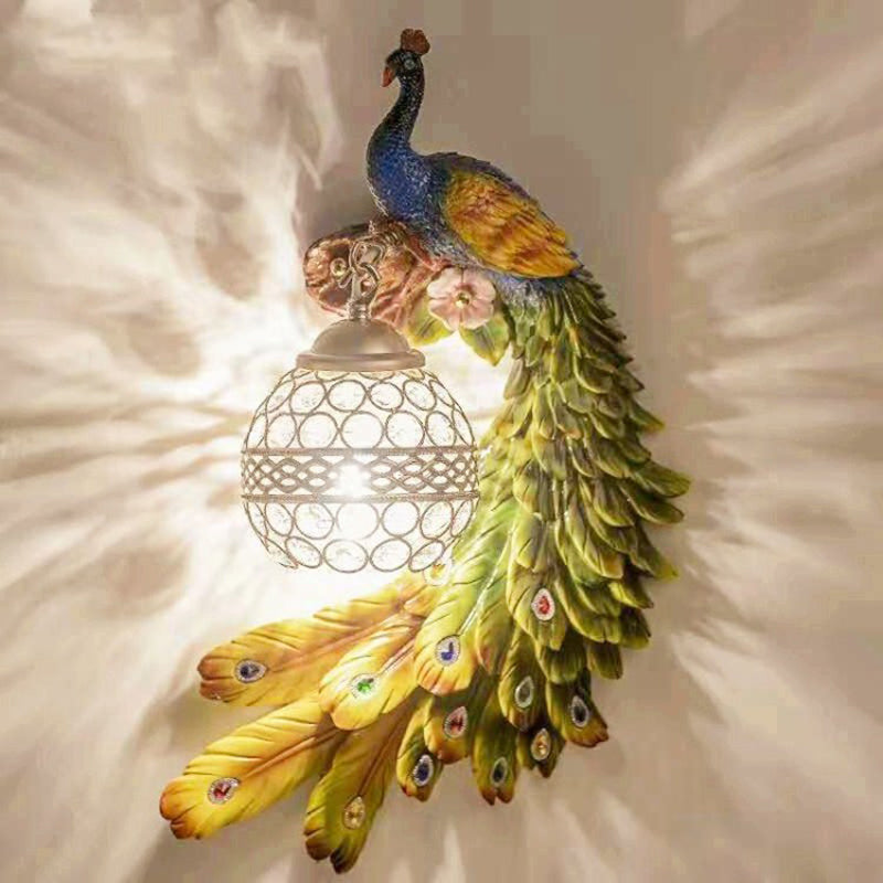 Peacock Wall Lamp Sconce - Classic Resin Fixture With Crystal Encrusted Shade Green