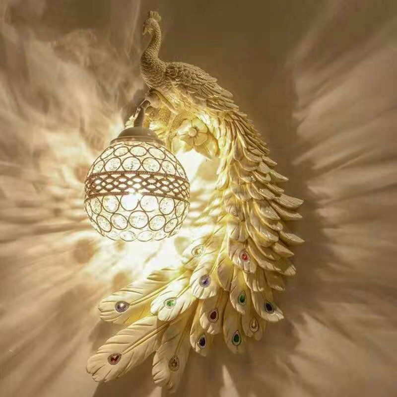 Peacock Wall Lamp Sconce - Classic Resin Fixture With Crystal Encrusted Shade White