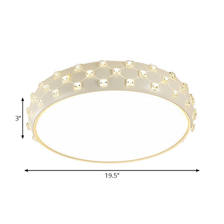 Modern Drum Ceiling Light With Crystal Square - White & Led Flush Lamp For Bedroom